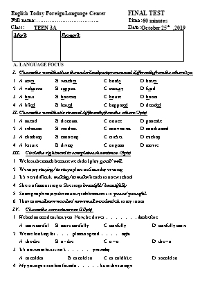 Đề kiểm tra học kỳ môn Tiếng Anh Lớp 10 - Năm học 2019-2020